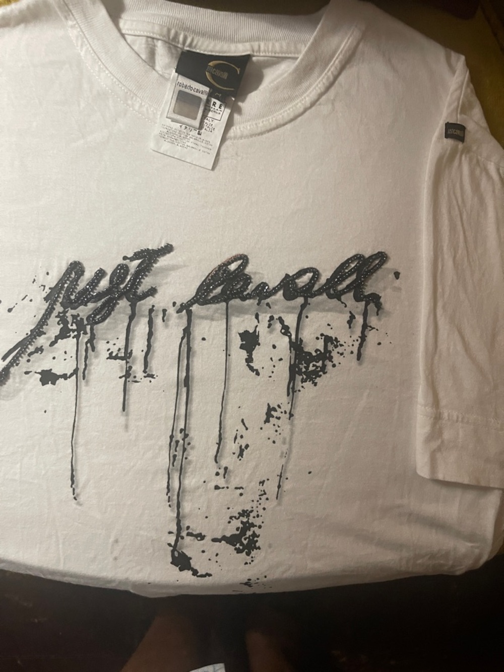 Roberto Cavalli White Short-Sleeve Tee with Black Script Graphic